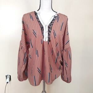Ces Femme Size Small Geometric Boho Indie Brown Blue Blouse Top